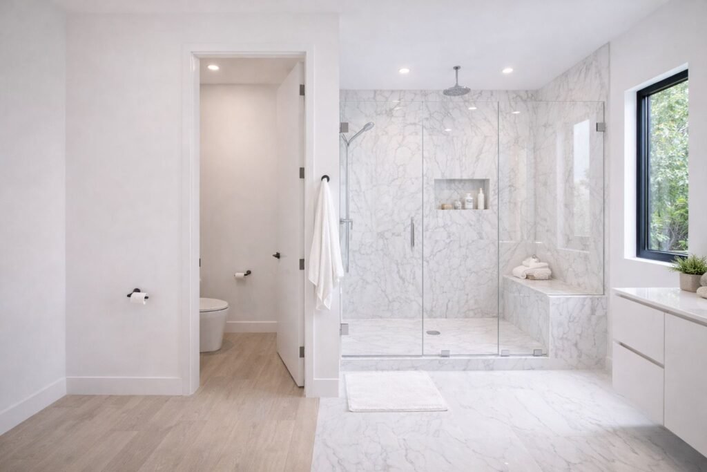 baño moderno blanco regadera y wc divididos