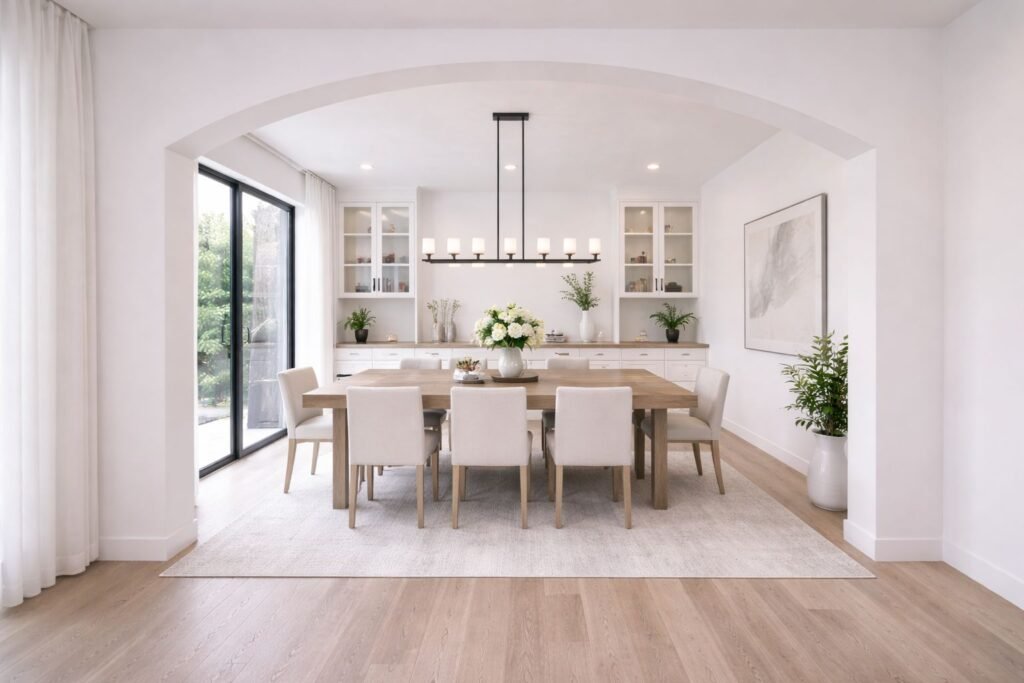 comedor blanco con arco de entrada y piso de madera