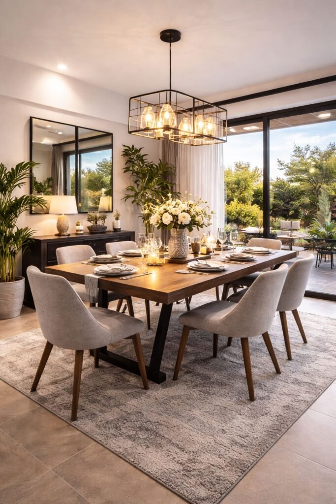 Comedor grande estilo industrial y ventanal