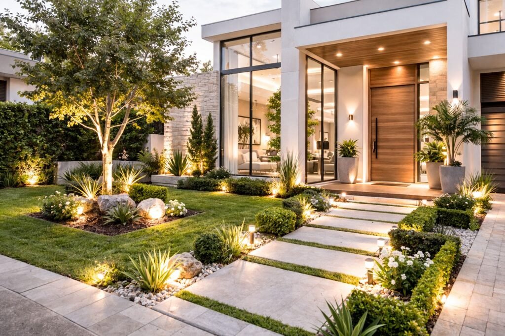 Entrada con pasillo, luces y Arboles