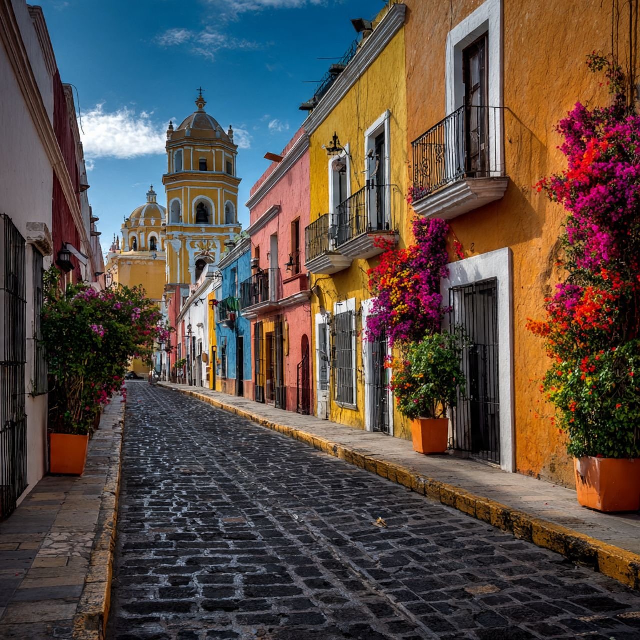 fotografía de un callejón de puebla al fondo la catedral