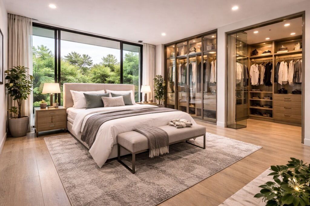 habitación con armario de puertas de cristal