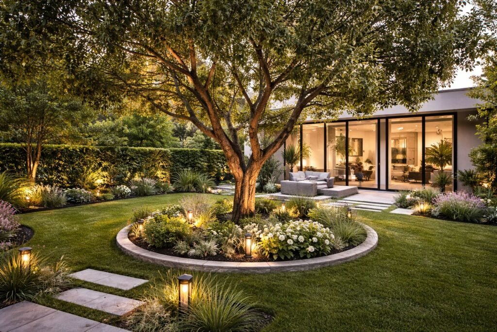 Patio con árbol central