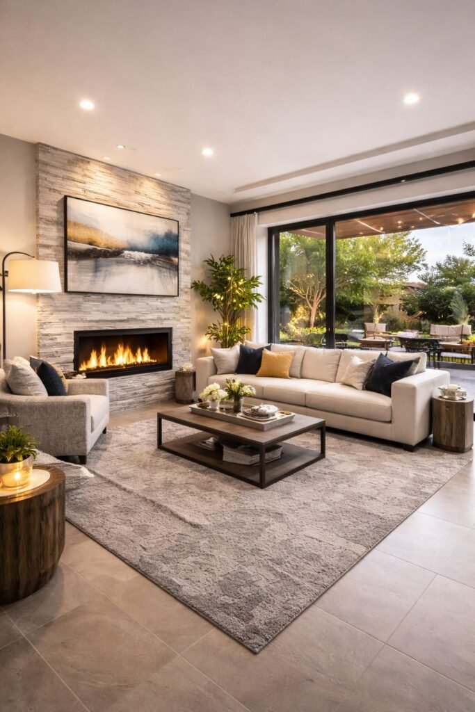 Sala acogedora y chimenea moderna empotrada