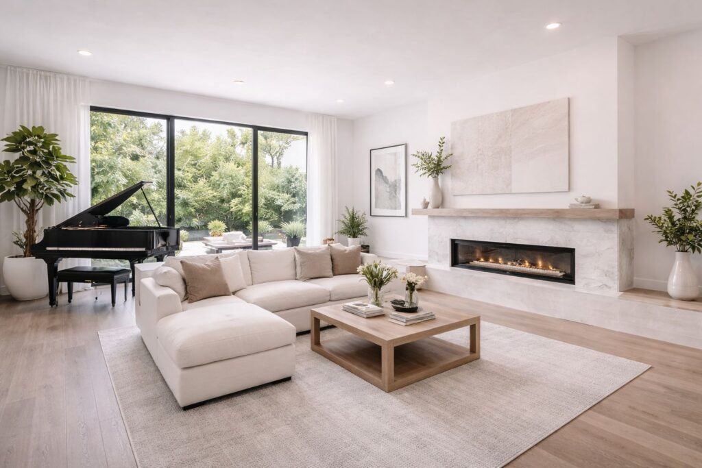 sala grande con ventanal, chimenea de pared, piso de madera y un piano