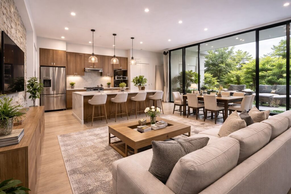 sala y comedor con cocina, estilo abierto