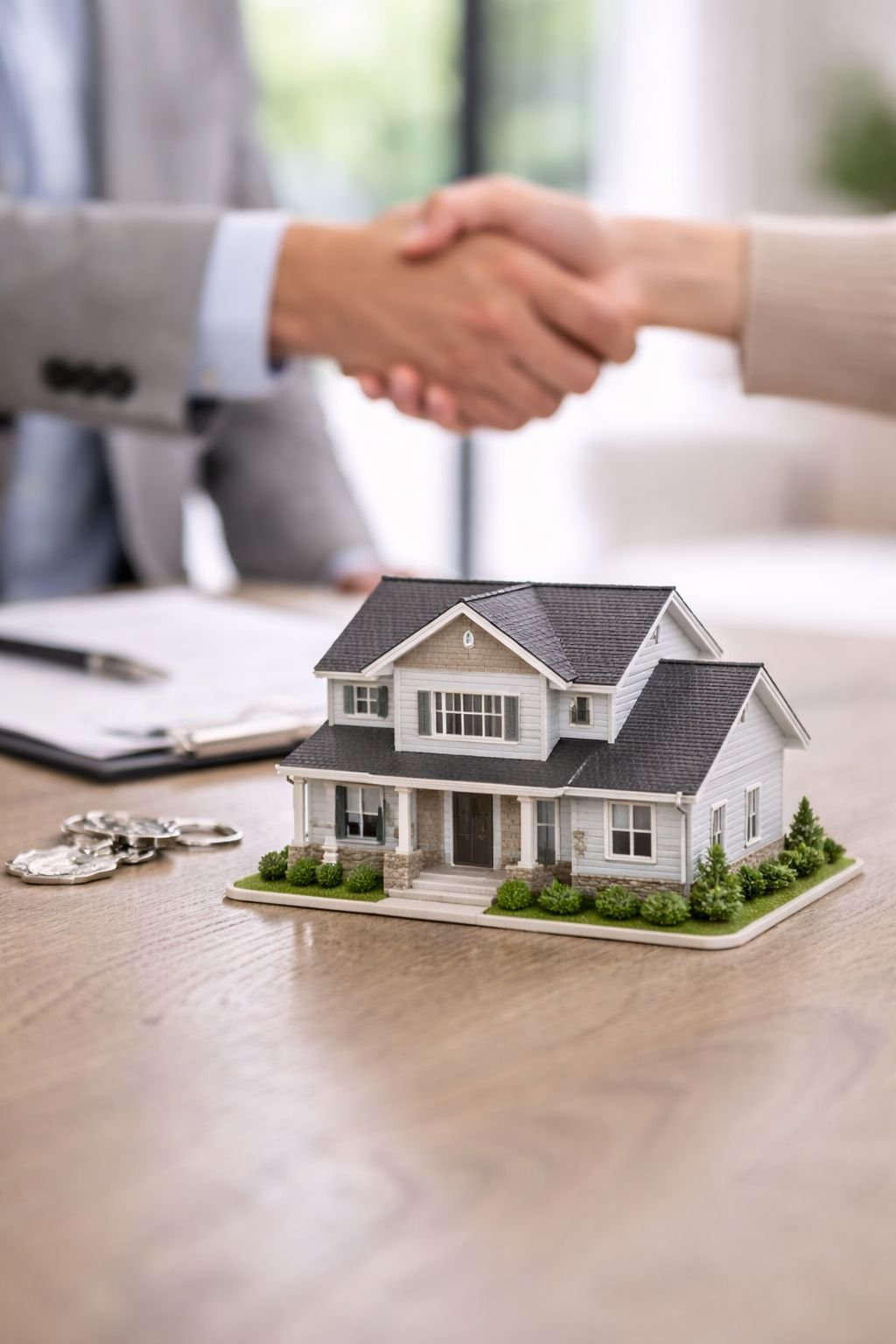 Los agentes inmobiliarios y los clientes se dan la mano y entregan las llaves. Después de firmar el contrato de compra de la propiedad, se aprueba el concepto de préstamo hipotecario.